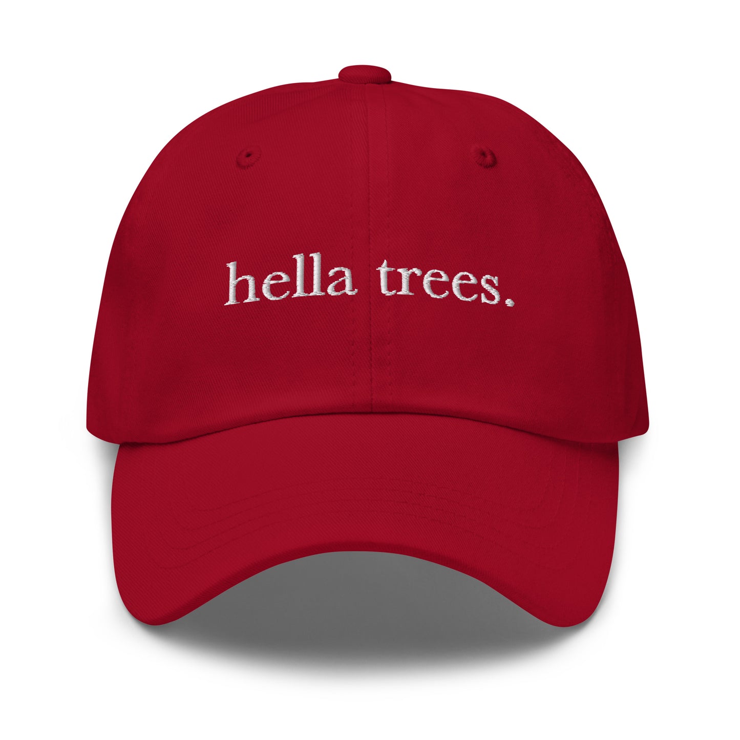 Hella Trees embroidered baseball cap in Cranberry with white embroidery by White Boy Summer