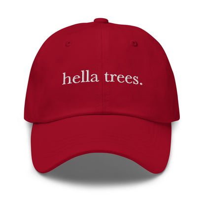 Hella Trees embroidered baseball cap in Cranberry with white embroidery by White Boy Summer