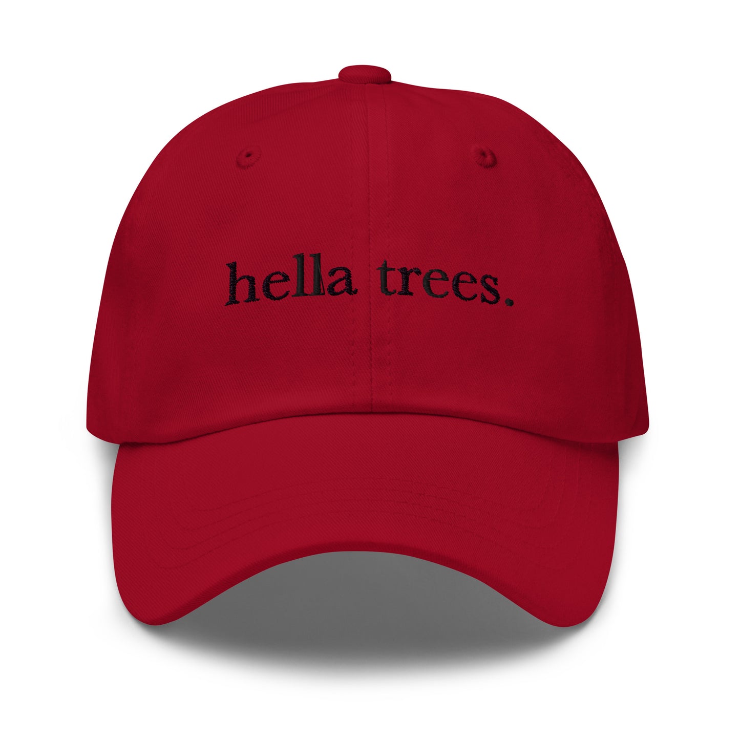 Hella Trees embroidered baseball cap in Cranberry with black embroidery by White Boy Summer