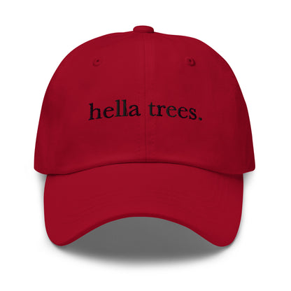 Hella Trees embroidered baseball cap in Cranberry with black embroidery by White Boy Summer