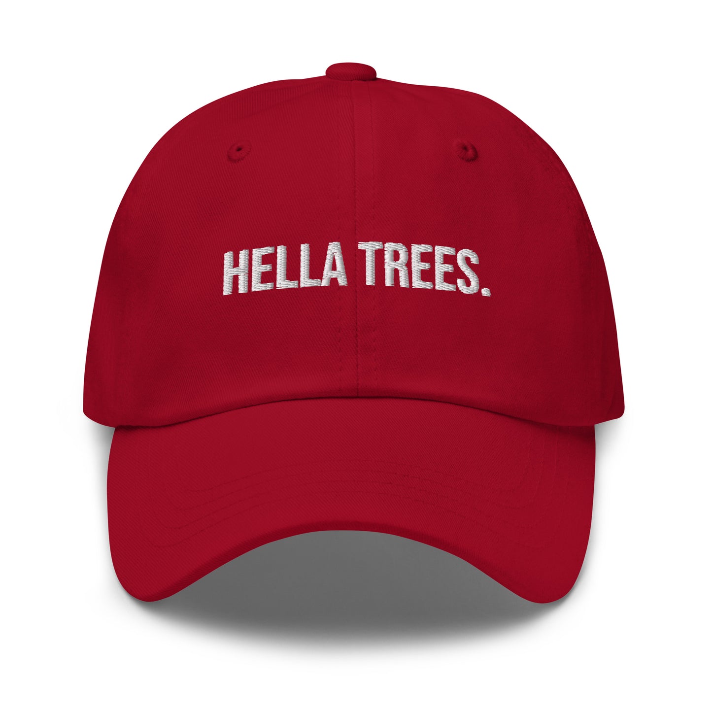 Hella Trees embroidered baseball cap in Cranberry with white embroidery by White Boy Summer