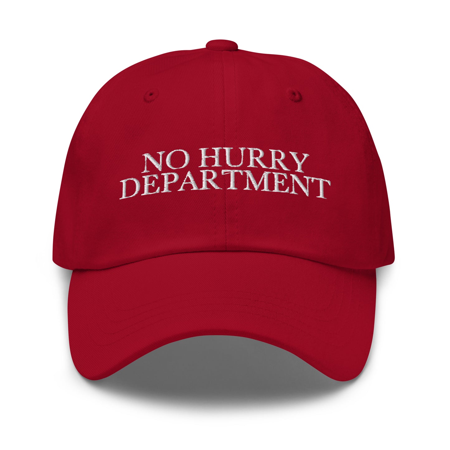 No Hurry Department embroidered baseball cap in Cranberry with white embroidery by White Boy Summer