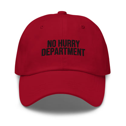 No Hurry Department embroidered baseball cap in Cranberry with black embroidery by White Boy Summer