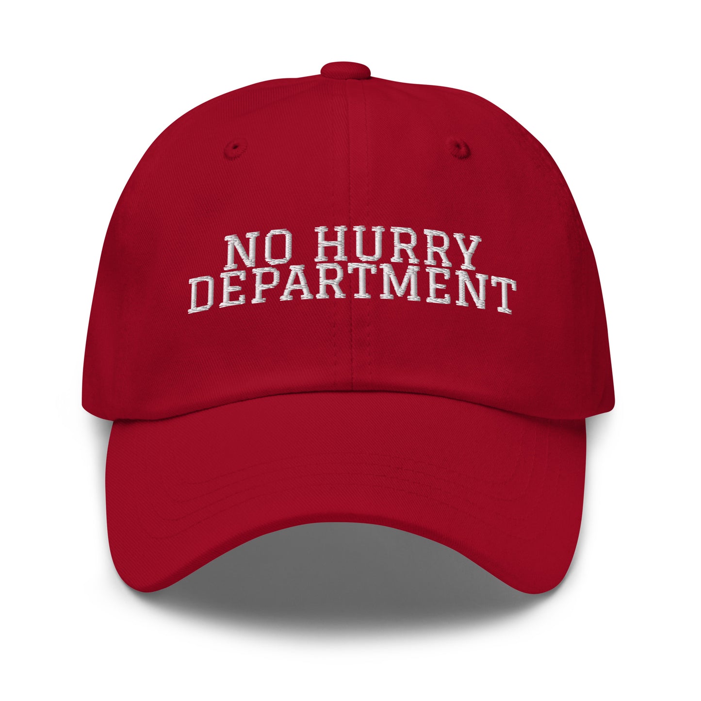 No Hurry Department embroidered baseball cap in Cranberry with white embroidery by White Boy Summer
