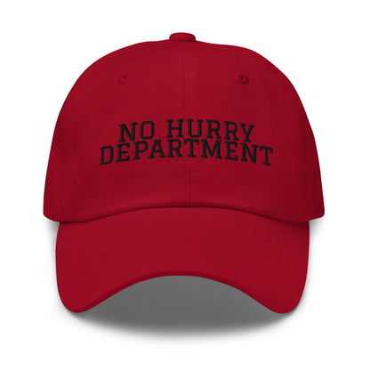 No Hurry Department embroidered baseball cap in Cranberry with black embroidery by White Boy Summer