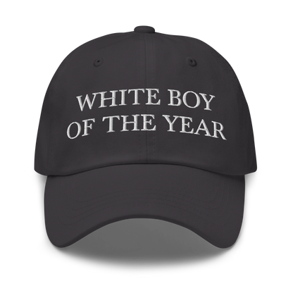 WHITE BOY SUMMER - White Boy Of The Year - "White Boy Of The Year" - White Embroidered Baseball Cap - Hat Dark Grey