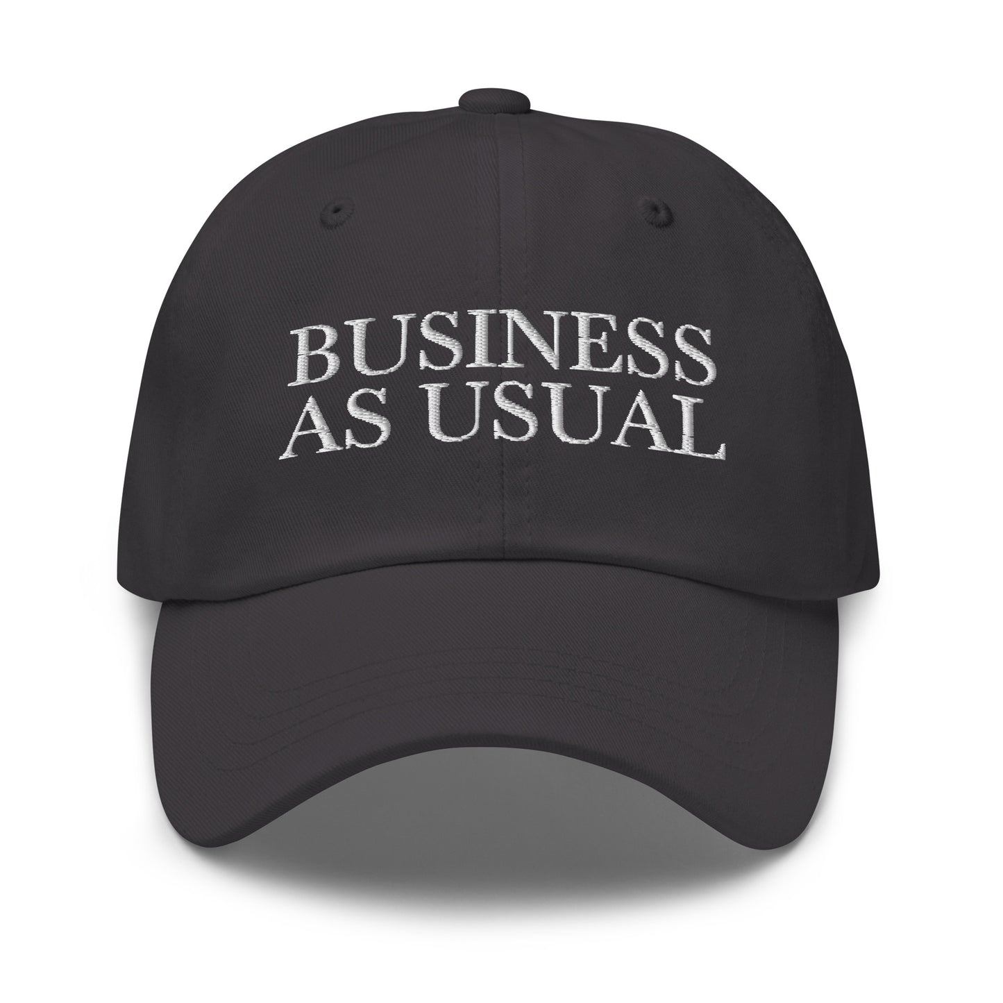 BUSINESS AS USUAL Dark Grey front cap mockup