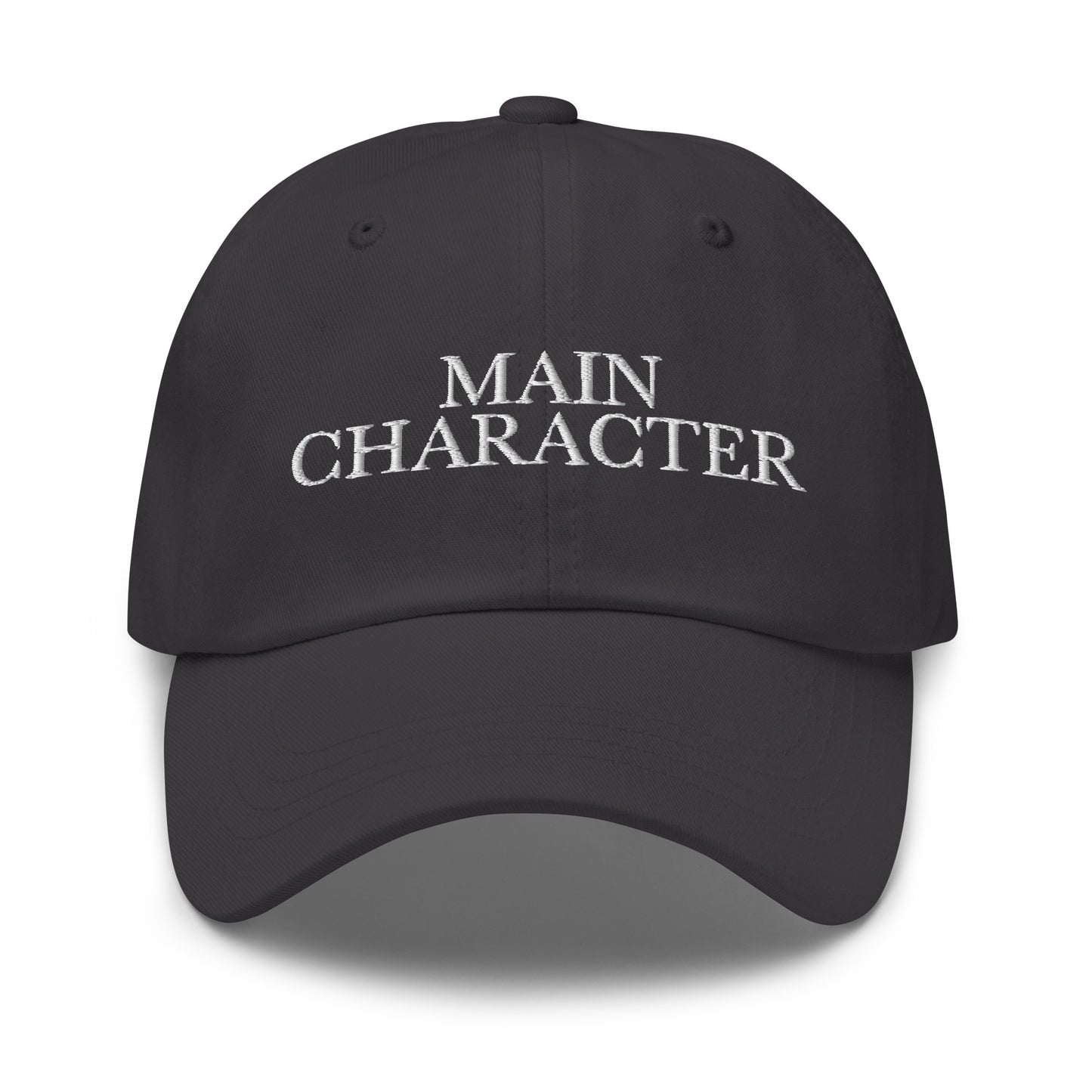 Main Character embroidered baseball cap in Dark Grey with white embroidery by White Boy Summer