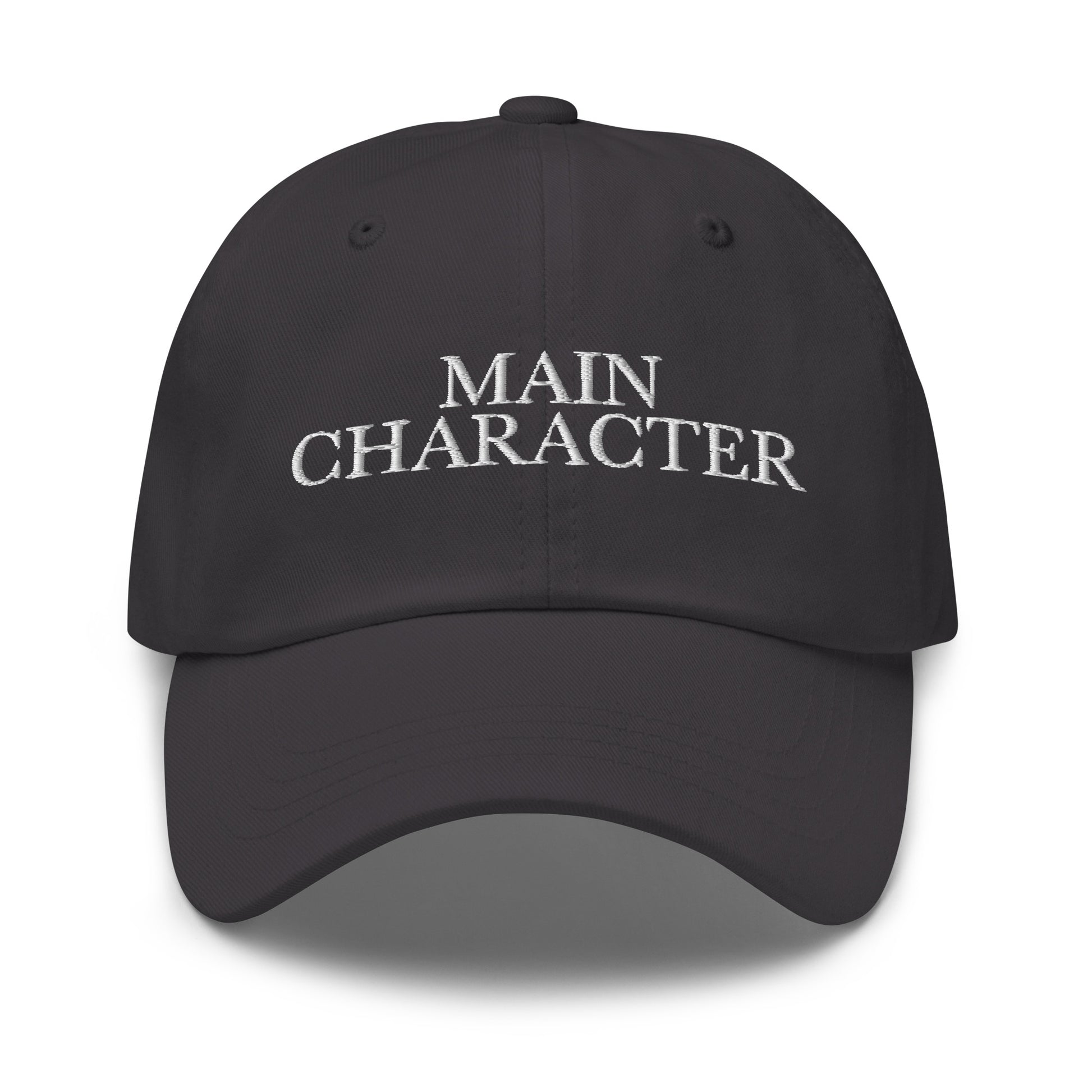 Main Character embroidered baseball cap in Dark Grey with white embroidery by White Boy Summer