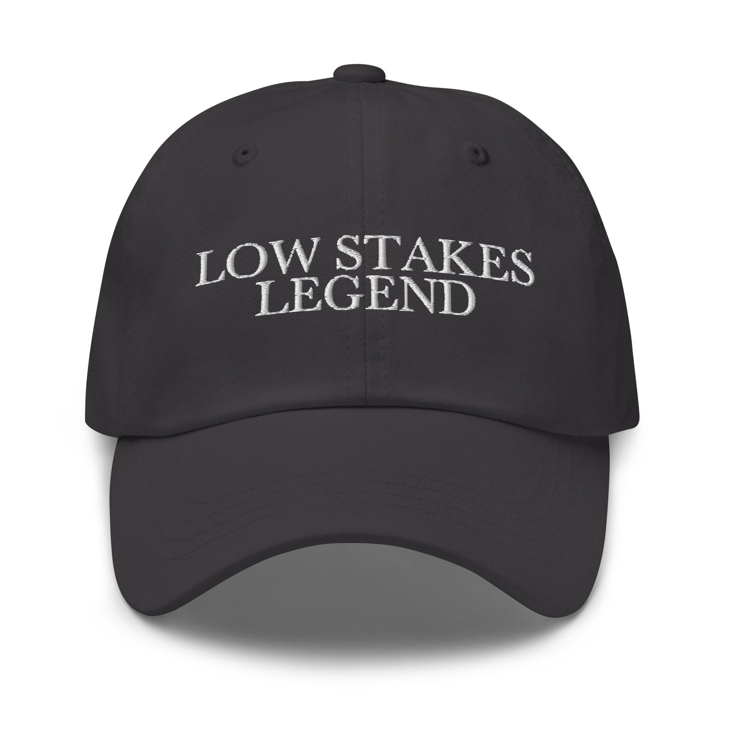 Low Stakes Legend embroidered baseball cap in Dark Grey with white embroidery by White Boy Summer