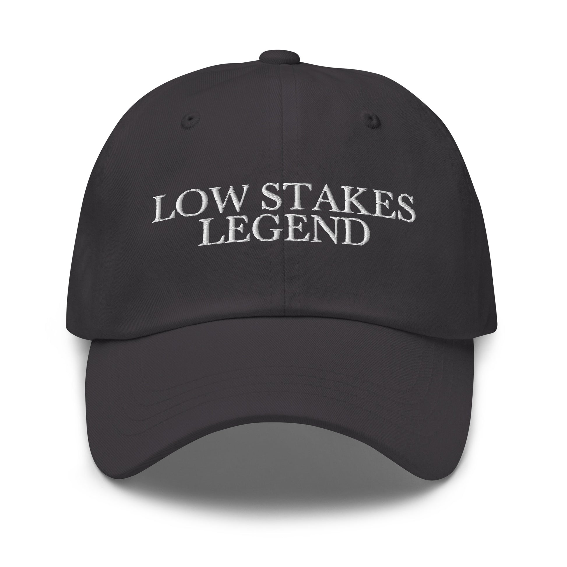 Low Stakes Legend embroidered baseball cap in Dark Grey with white embroidery by White Boy Summer