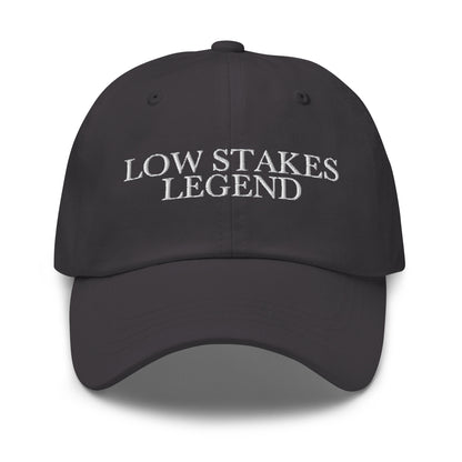Low Stakes Legend embroidered baseball cap in Dark Grey with white embroidery by White Boy Summer