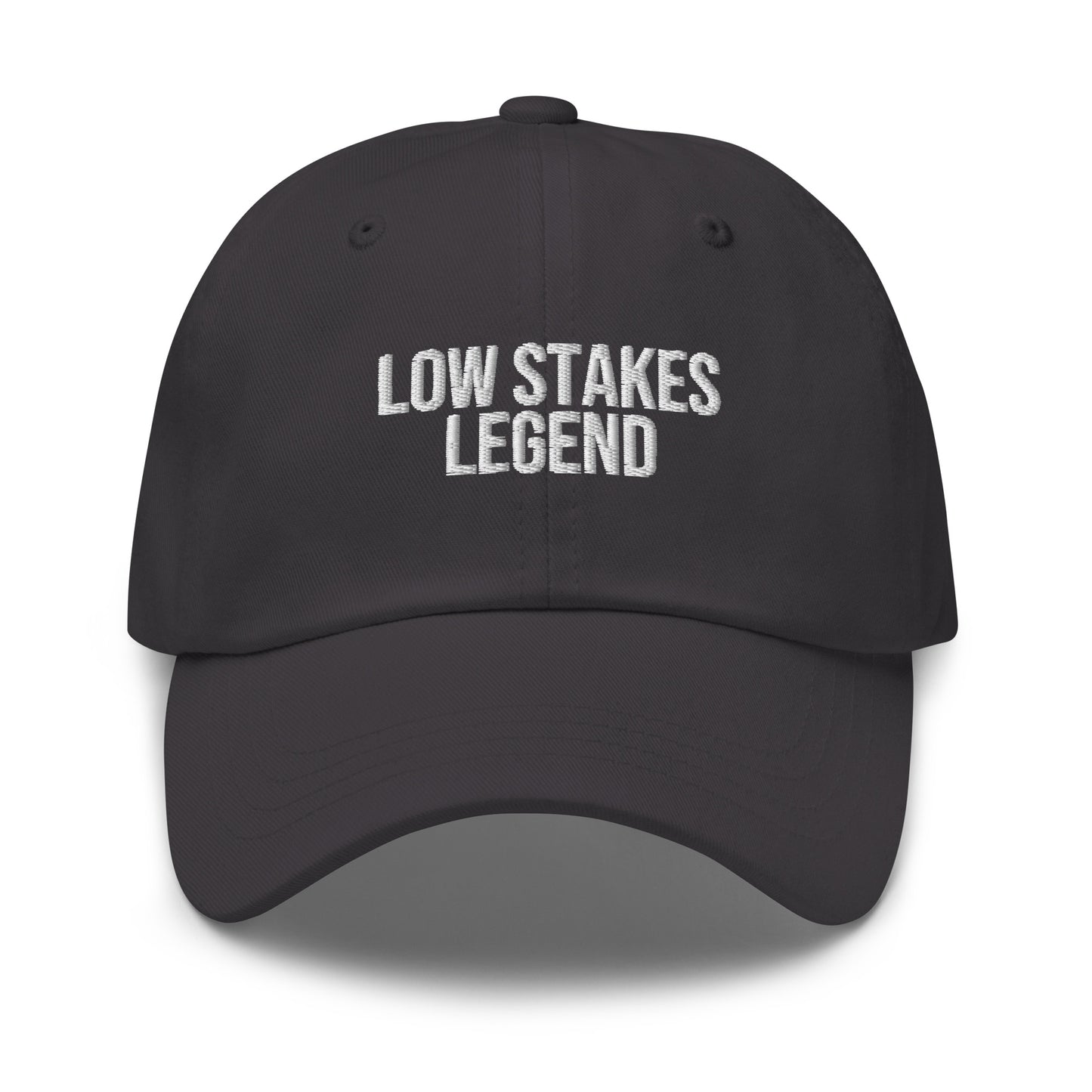 Low Stakes Legend embroidered baseball cap in Dark Grey with white embroidery by White Boy Summer