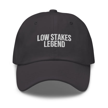 Low Stakes Legend embroidered baseball cap in Dark Grey with white embroidery by White Boy Summer