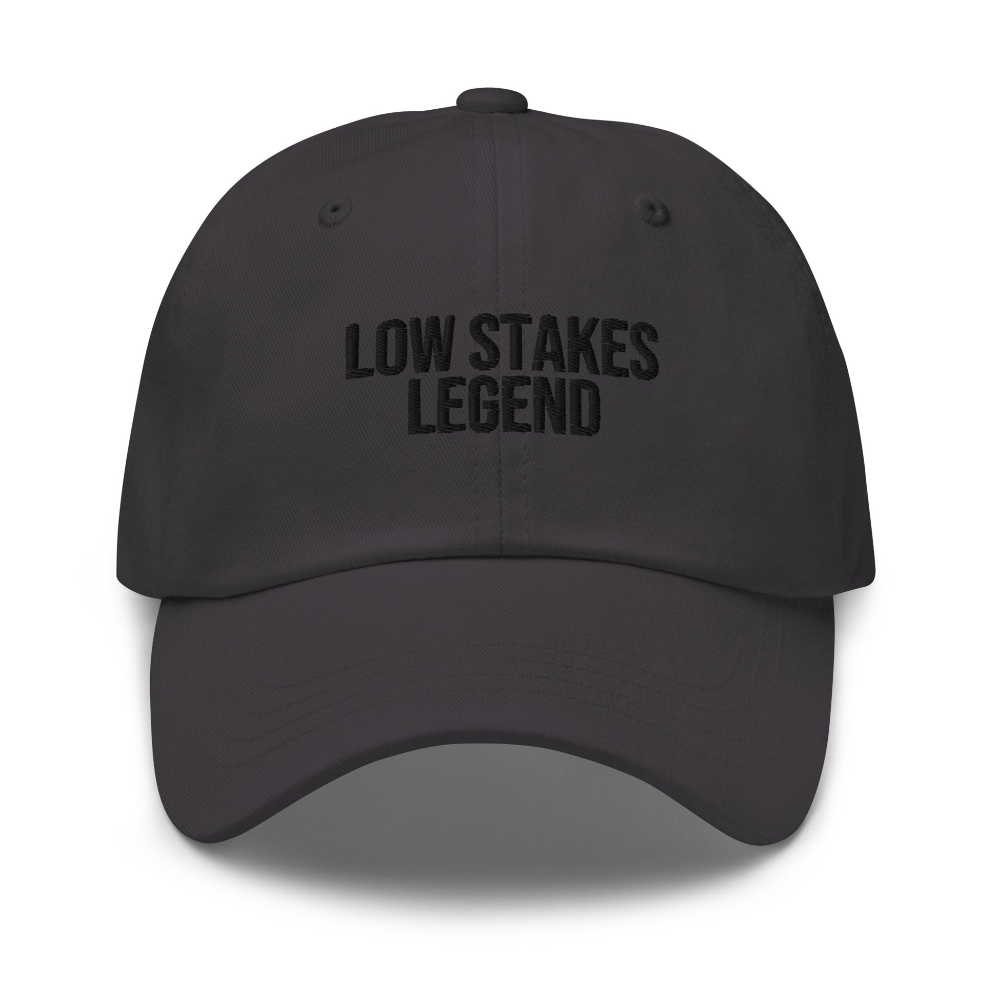 Low Stakes Legend embroidered baseball cap in Dark Grey with black embroidery by White Boy Summer
