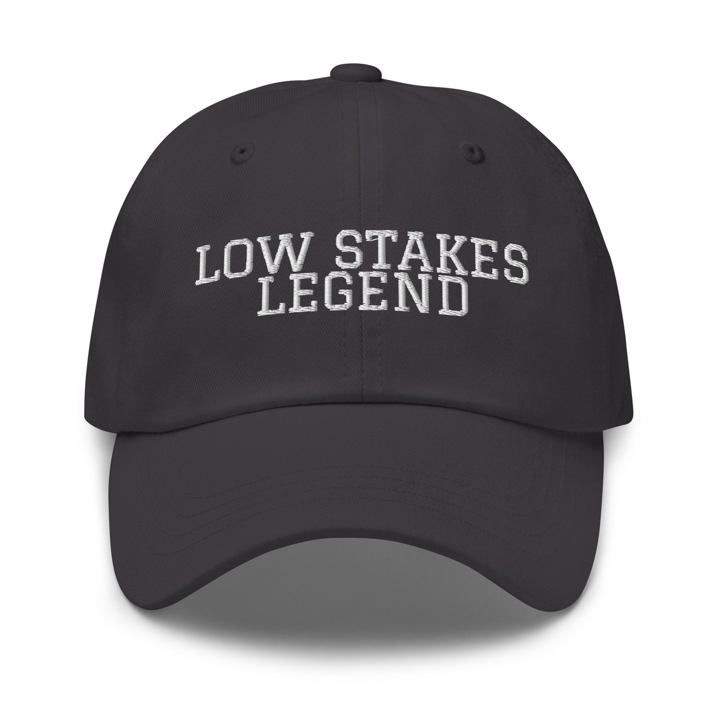 Low Stakes Legend embroidered baseball cap in Dark Grey with white embroidery by White Boy Summer