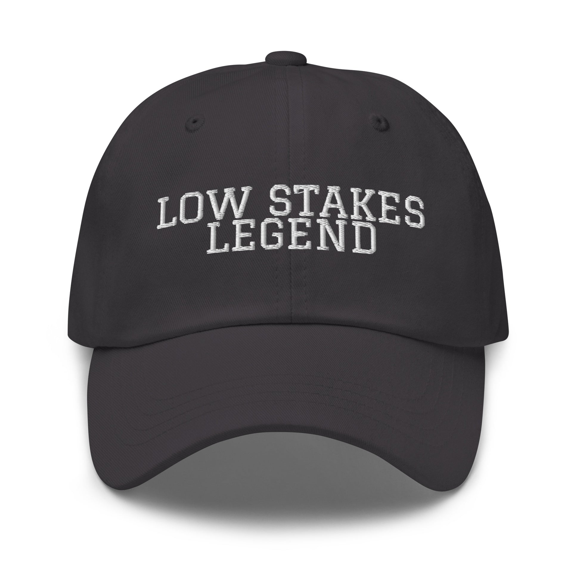 Low Stakes Legend embroidered baseball cap in Dark Grey with white embroidery by White Boy Summer