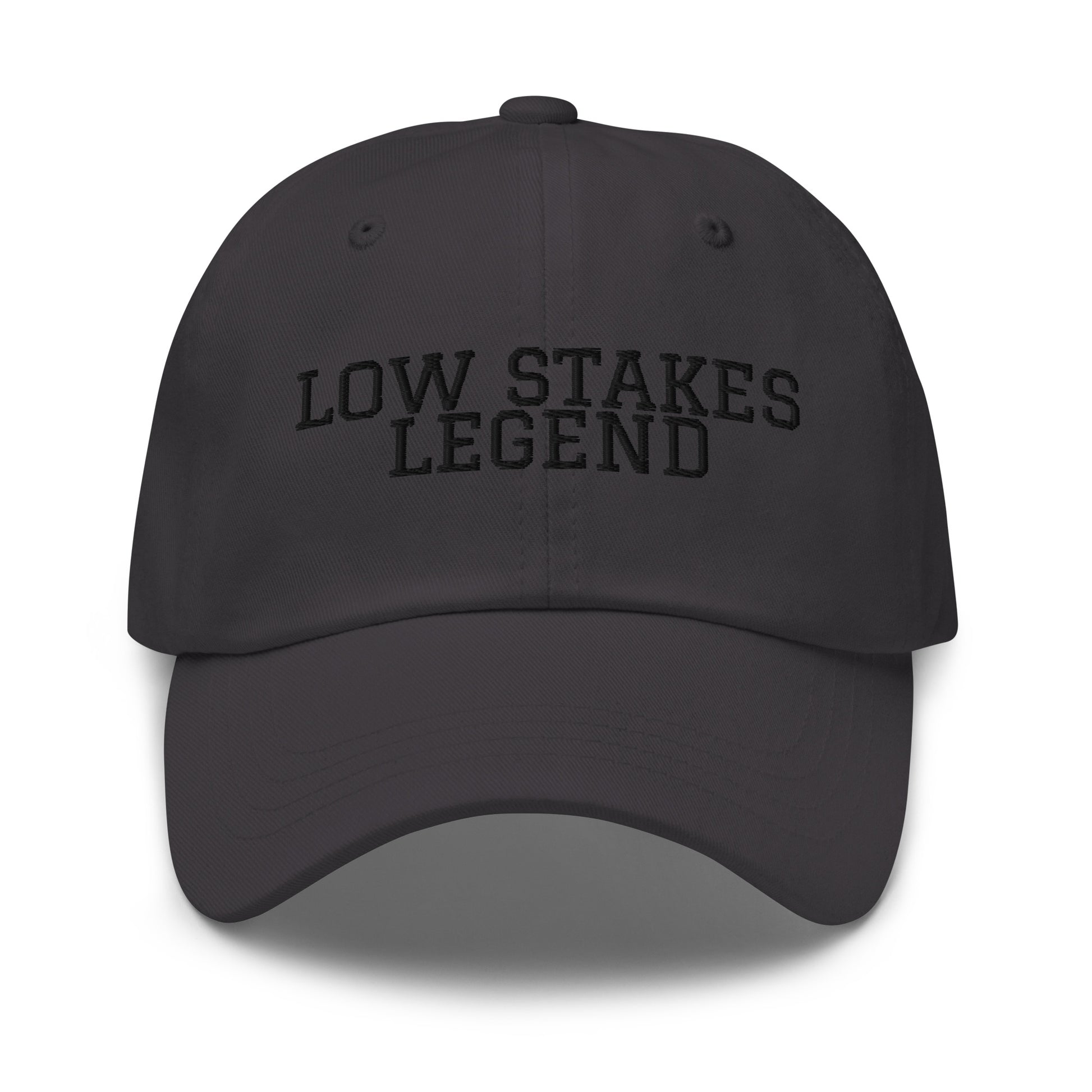 Low Stakes Legend embroidered baseball cap in Dark Grey with black embroidery by White Boy Summer