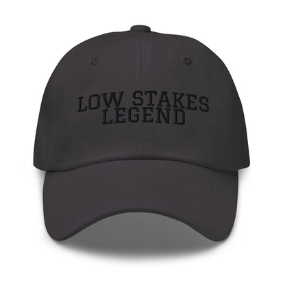 Low Stakes Legend embroidered baseball cap in Dark Grey with black embroidery by White Boy Summer