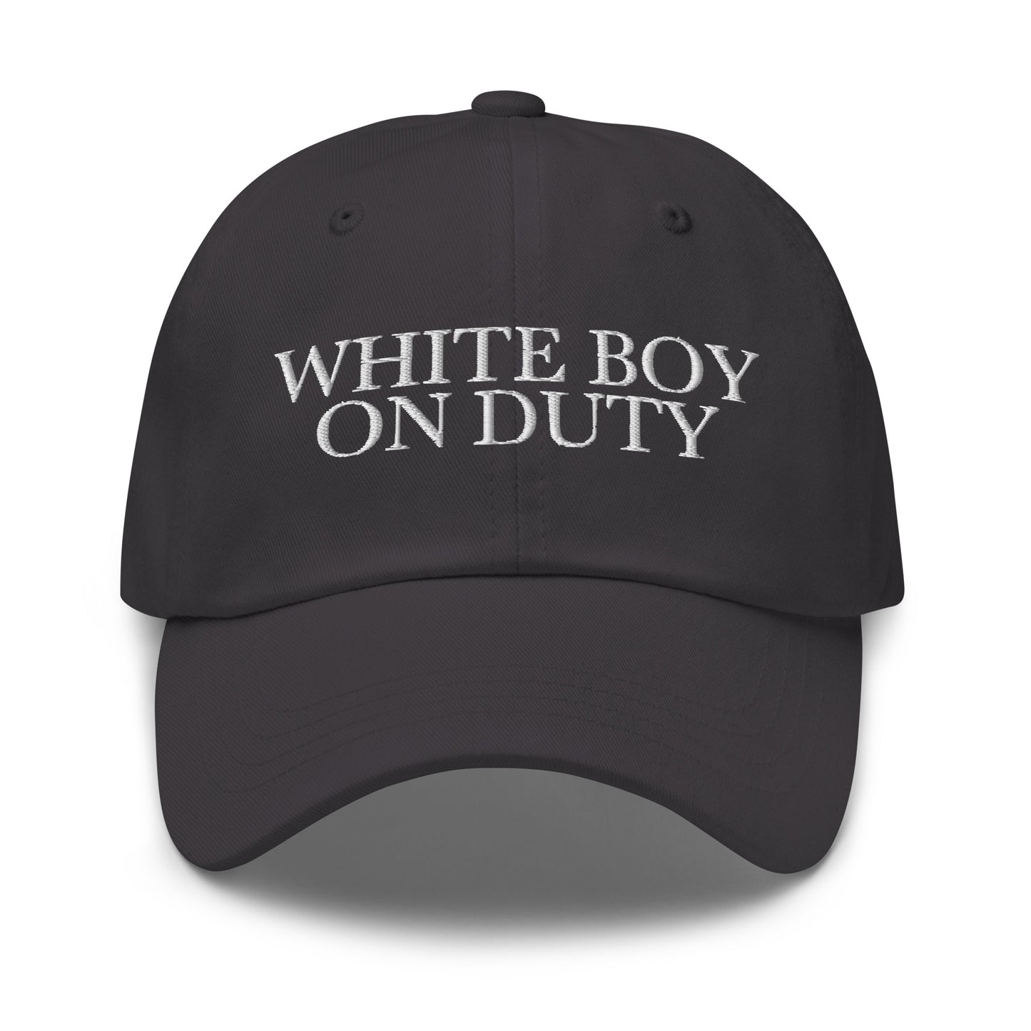 White Boy On Duty embroidered baseball cap in Dark Grey with white embroidery by White Boy Summer