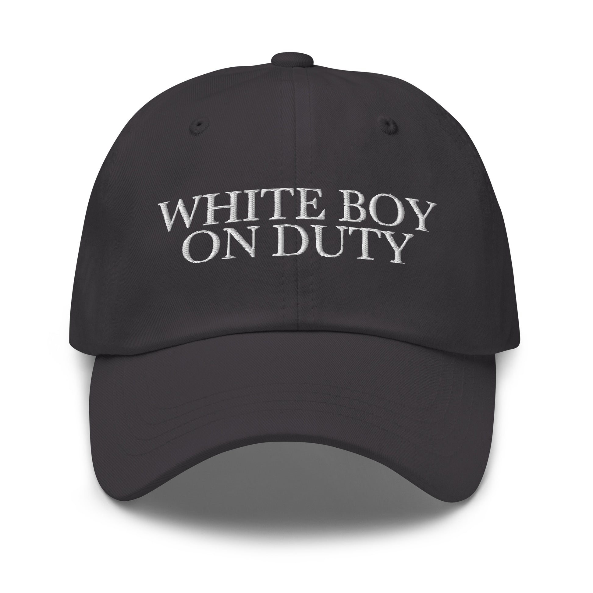 White Boy On Duty embroidered baseball cap in Dark Grey with white embroidery by White Boy Summer