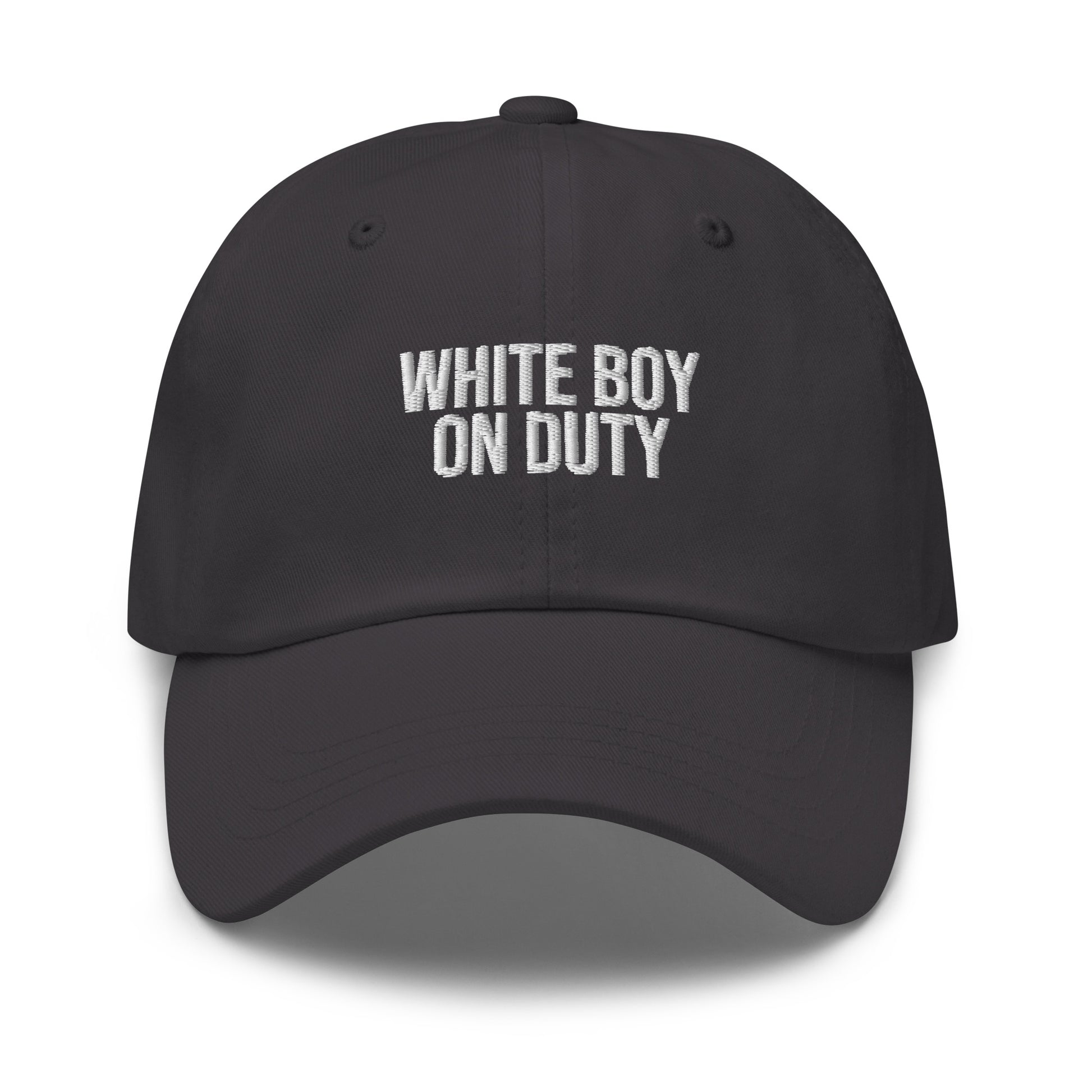 White Boy On Duty embroidered baseball cap in Dark Grey with white embroidery by White Boy Summer
