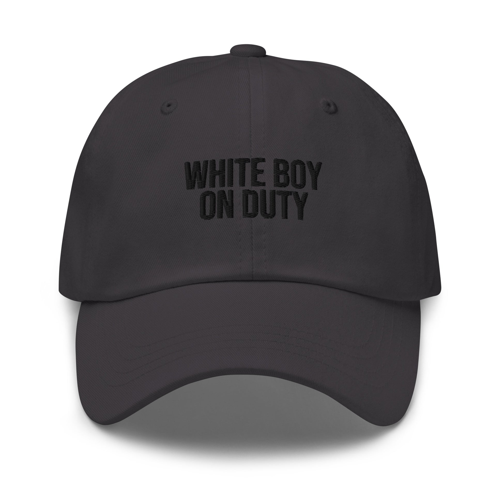White Boy On Duty embroidered baseball cap in Dark Grey with black embroidery by White Boy Summer