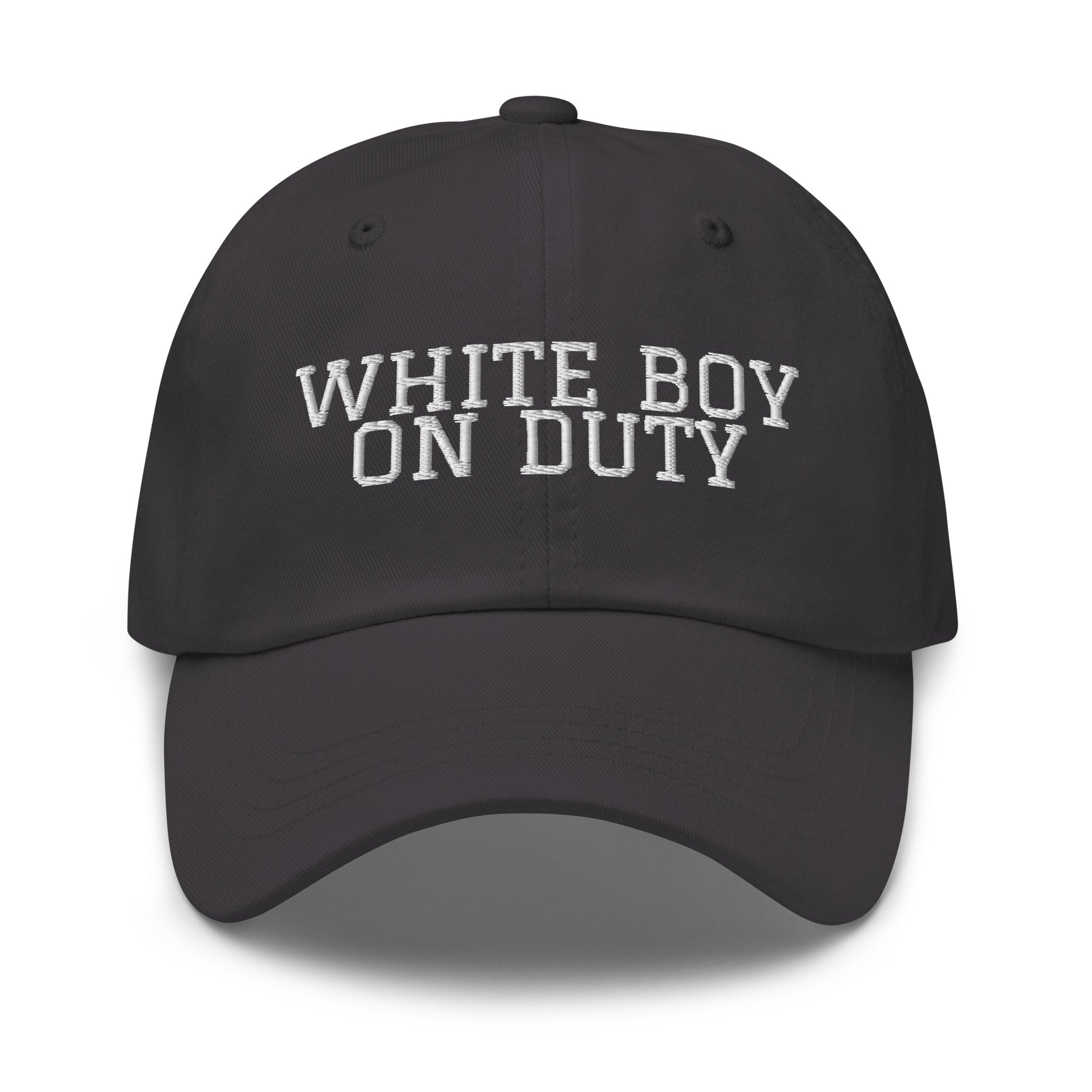 White Boy On Duty embroidered baseball cap in Dark Grey with white embroidery by White Boy Summer