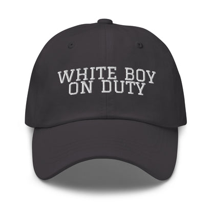 White Boy On Duty embroidered baseball cap in Dark Grey with white embroidery by White Boy Summer