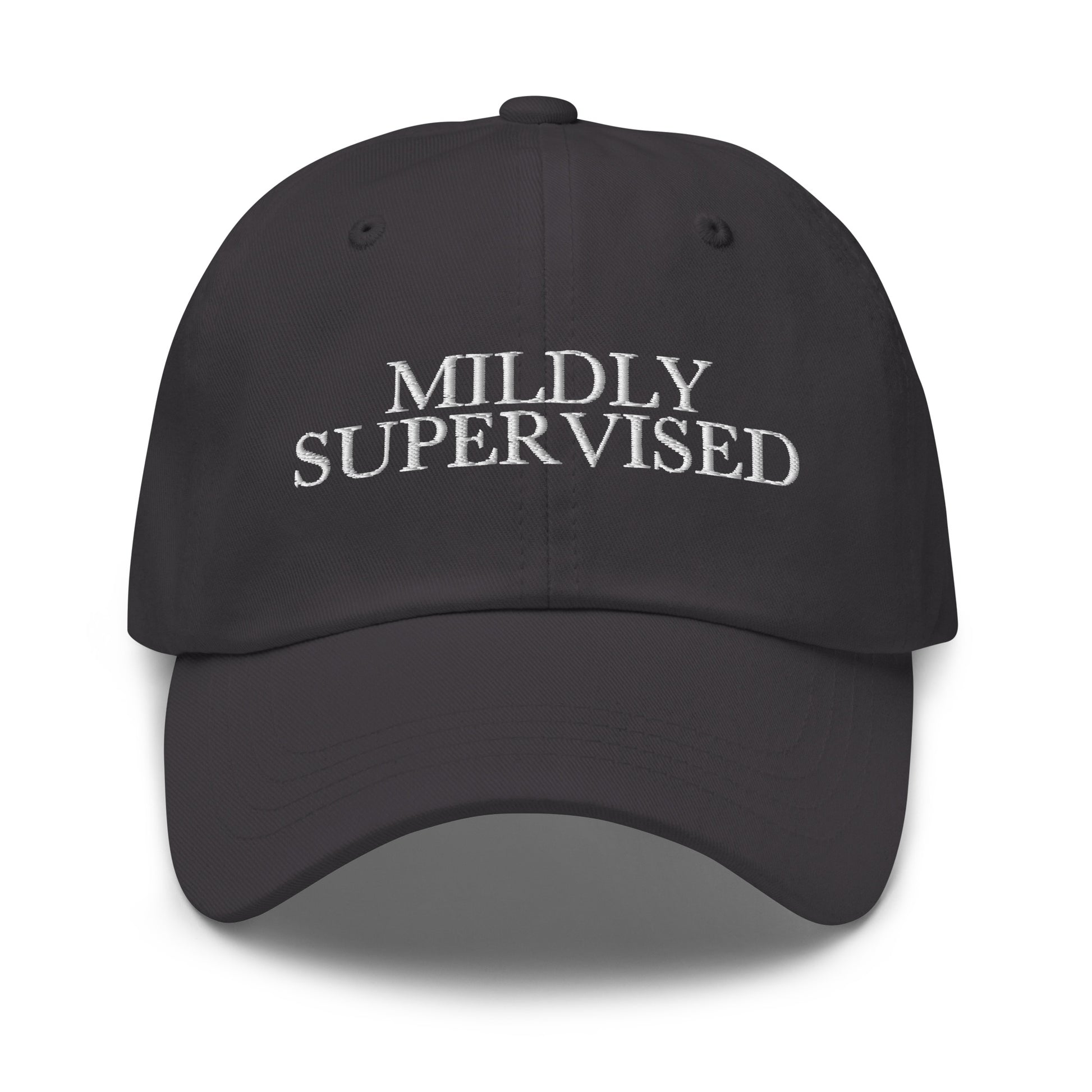 Mildly Supervised embroidered baseball cap in Dark Grey with white embroidery by White Boy Summer