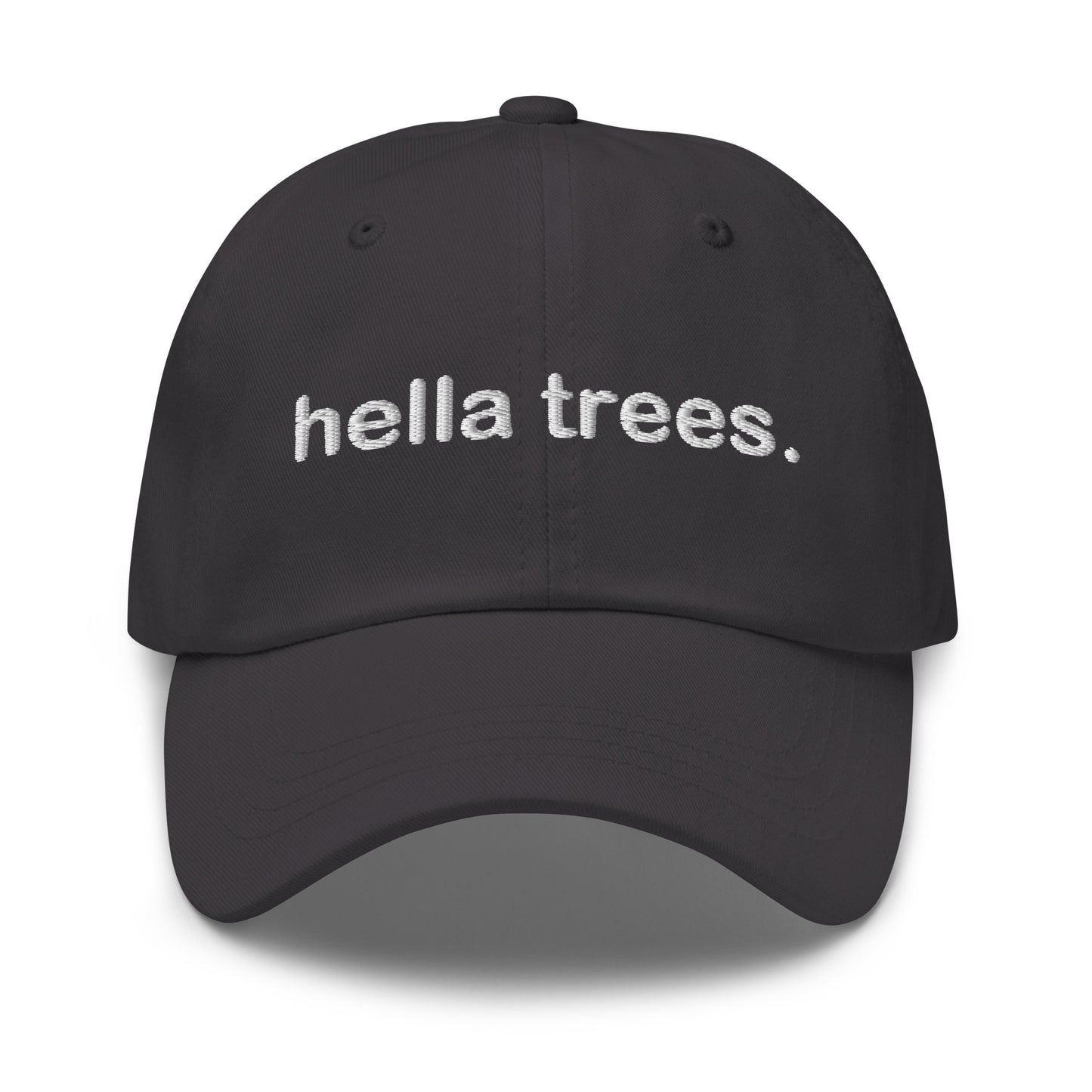 Hella Trees embroidered baseball cap in Dark Grey with white embroidery by White Boy Summer