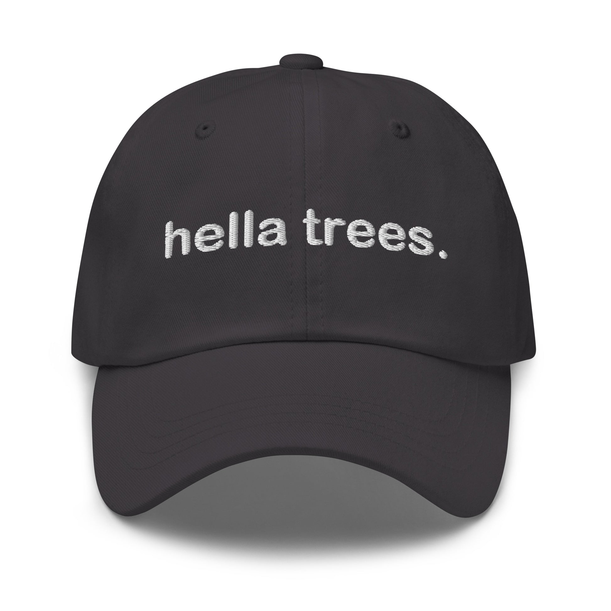 Hella Trees embroidered baseball cap in Dark Grey with white embroidery by White Boy Summer
