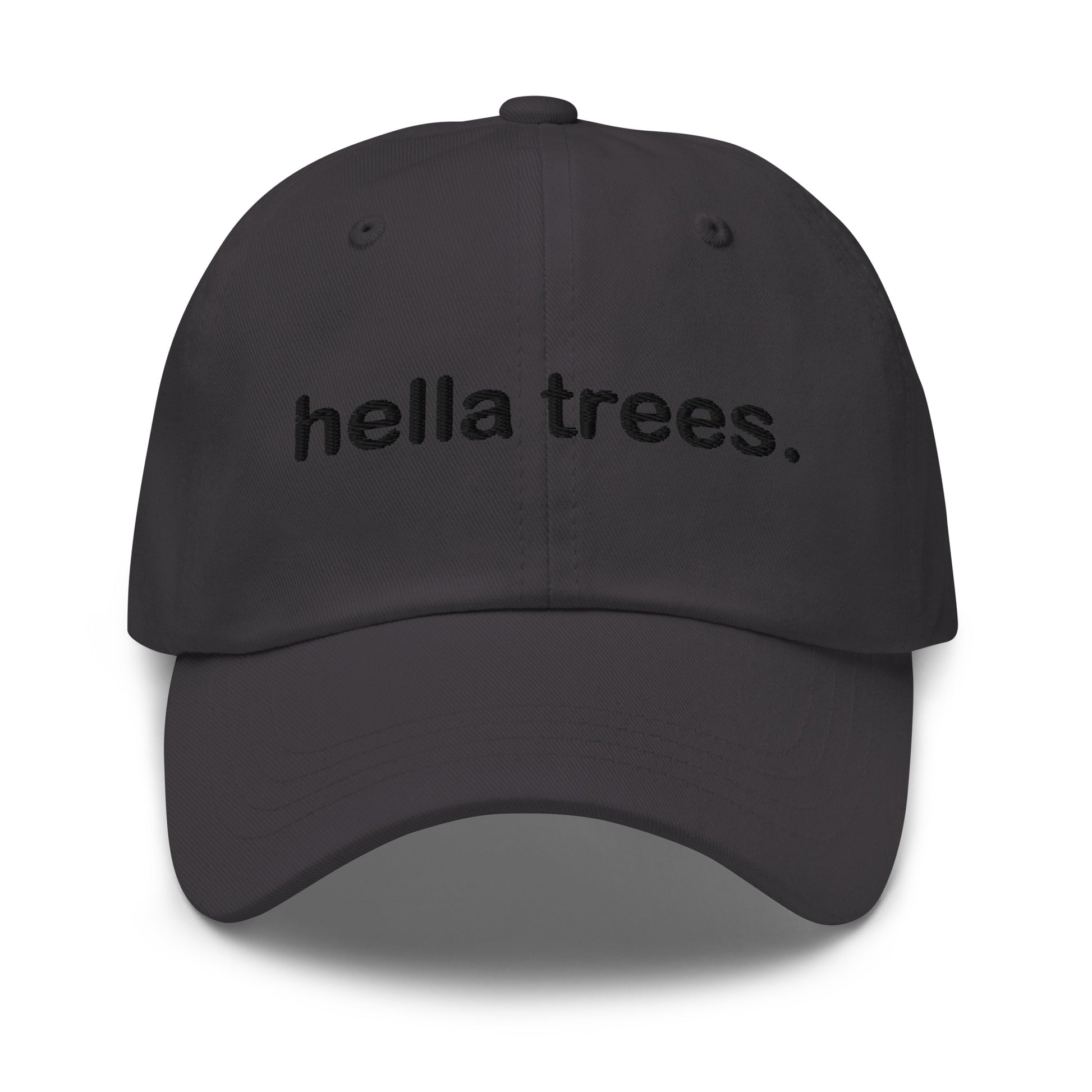 Hella Trees embroidered baseball cap in Dark Grey with black embroidery by White Boy Summer