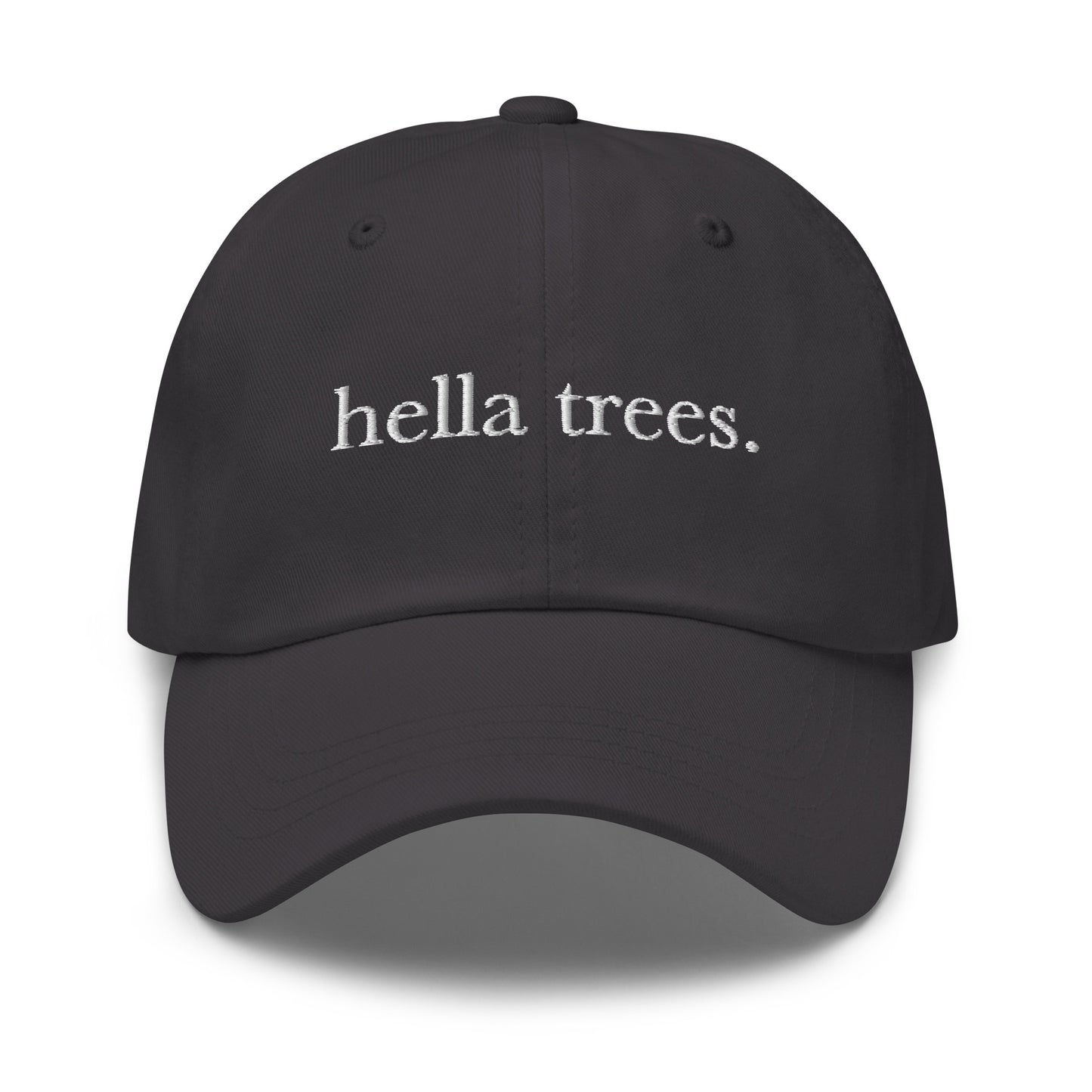 Hella Trees embroidered baseball cap in Dark Grey with white embroidery by White Boy Summer