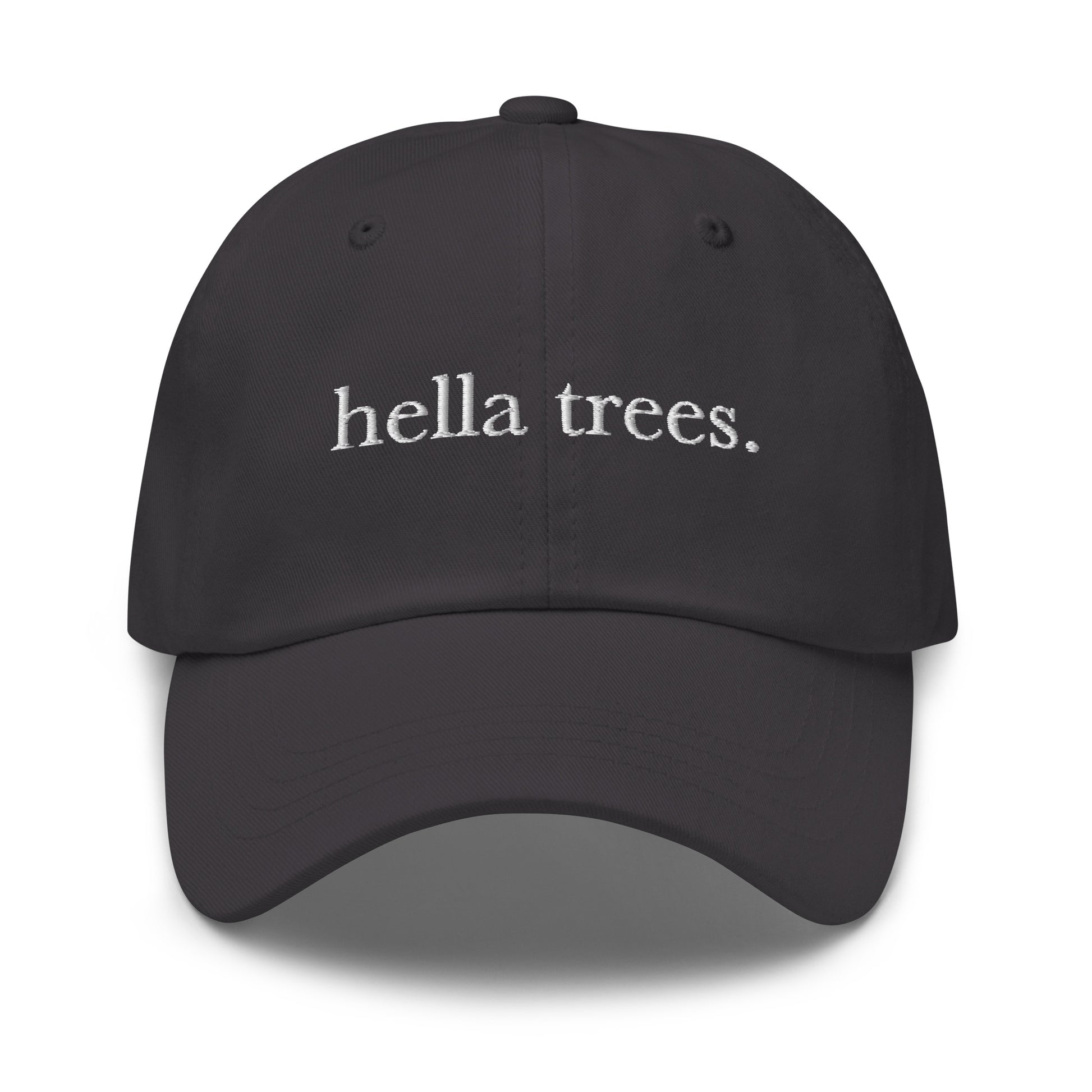 Hella Trees embroidered baseball cap in Dark Grey with white embroidery by White Boy Summer