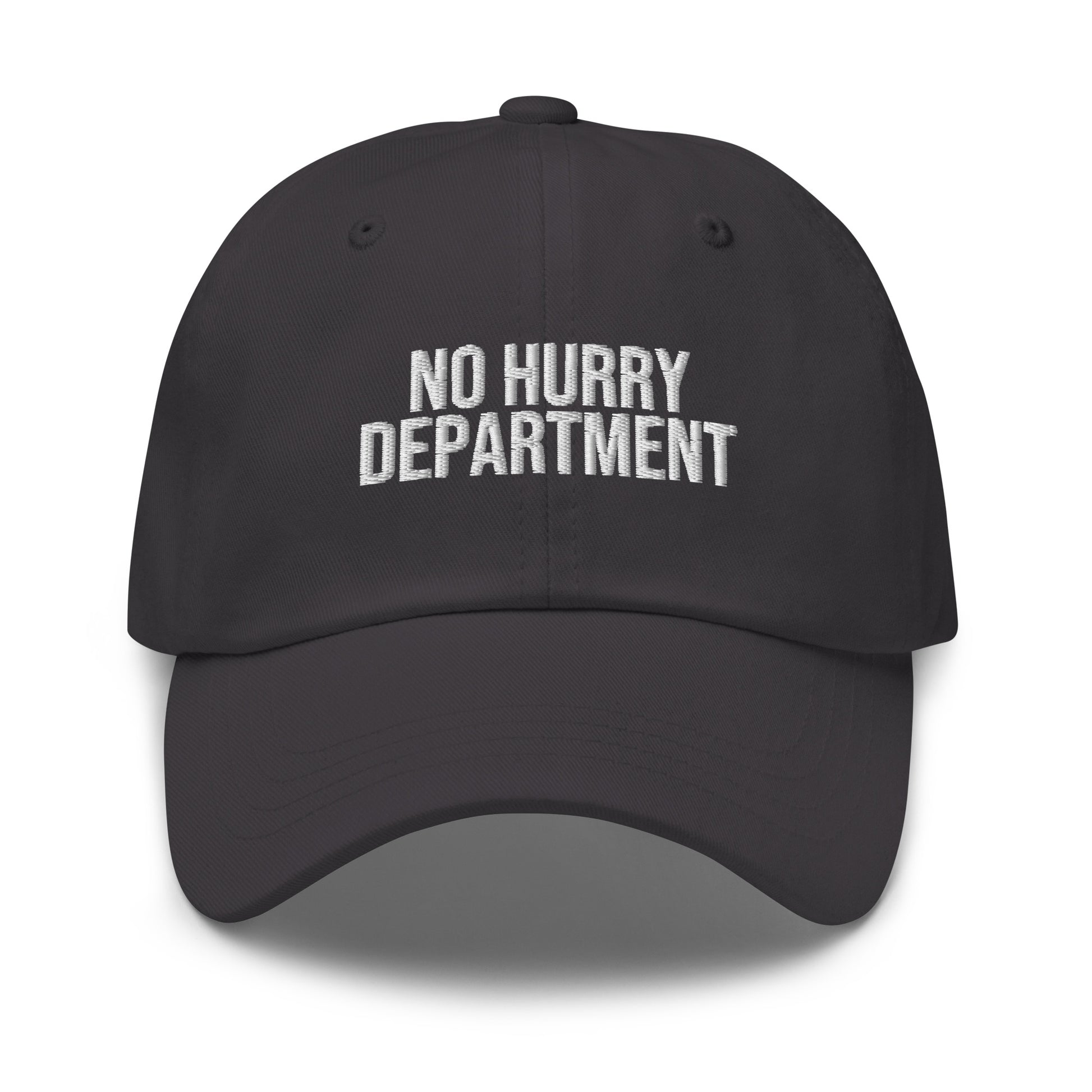 No Hurry Department embroidered baseball cap in Dark Grey with white embroidery by White Boy Summer