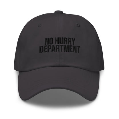 No Hurry Department embroidered baseball cap in Dark Grey with black embroidery by White Boy Summer
