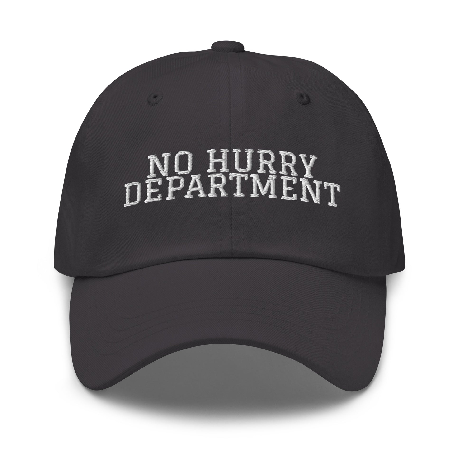 No Hurry Department embroidered baseball cap in Dark Grey with white embroidery by White Boy Summer