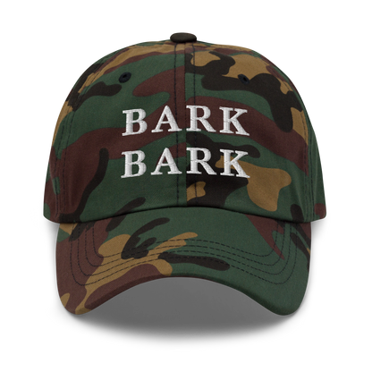 WHITE BOY SUMMER - Big Dog - "Bark Bark" - White Embroidered Baseball Cap - Hat Green Camo
