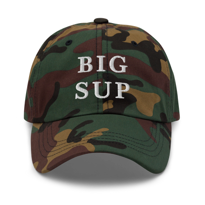 WHITE BOY SUMMER - Sup? - "Big Sup" - White Embroidered Baseball Cap - Hat Green Camo