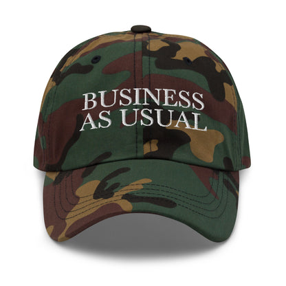 BUSINESS AS USUAL Green Camo front cap mockup