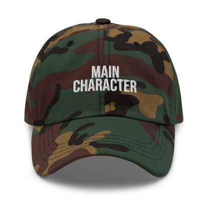 Main Character embroidered baseball cap in Green Camo with white embroidery by White Boy Summer