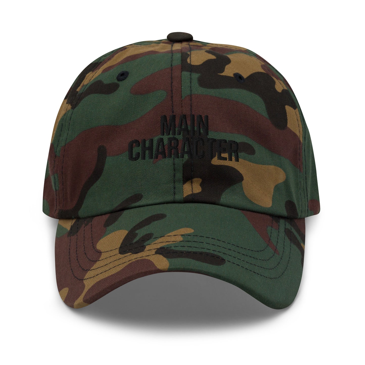 Main Character embroidered baseball cap in Green Camo with black embroidery by White Boy Summer