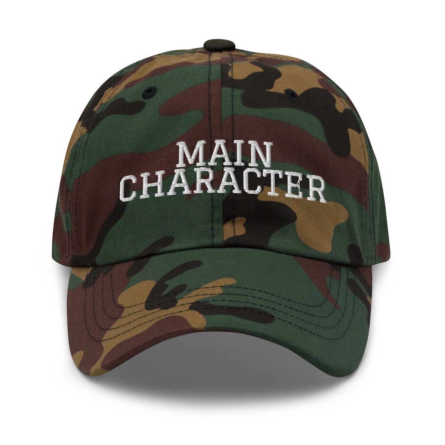 Main Character embroidered baseball cap in Green Camo with white embroidery by White Boy Summer