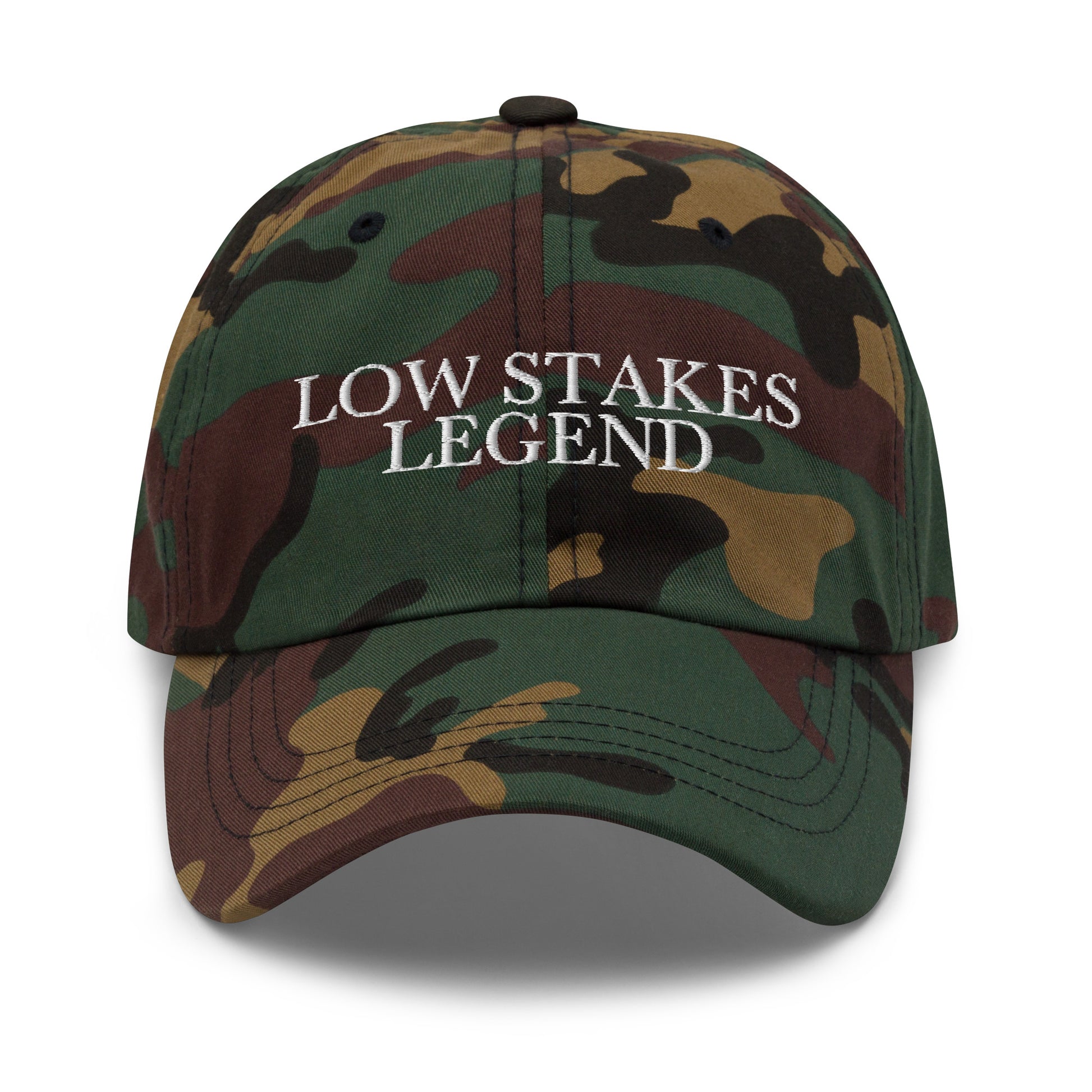 Low Stakes Legend embroidered baseball cap in Green Camo with white embroidery by White Boy Summer