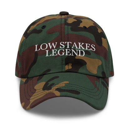 Low Stakes Legend embroidered baseball cap in Green Camo with white embroidery by White Boy Summer