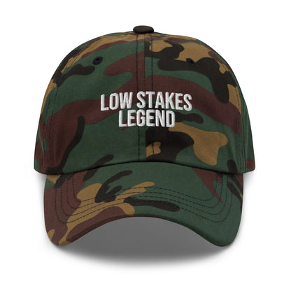 Low Stakes Legend embroidered baseball cap in Green Camo with white embroidery by White Boy Summer
