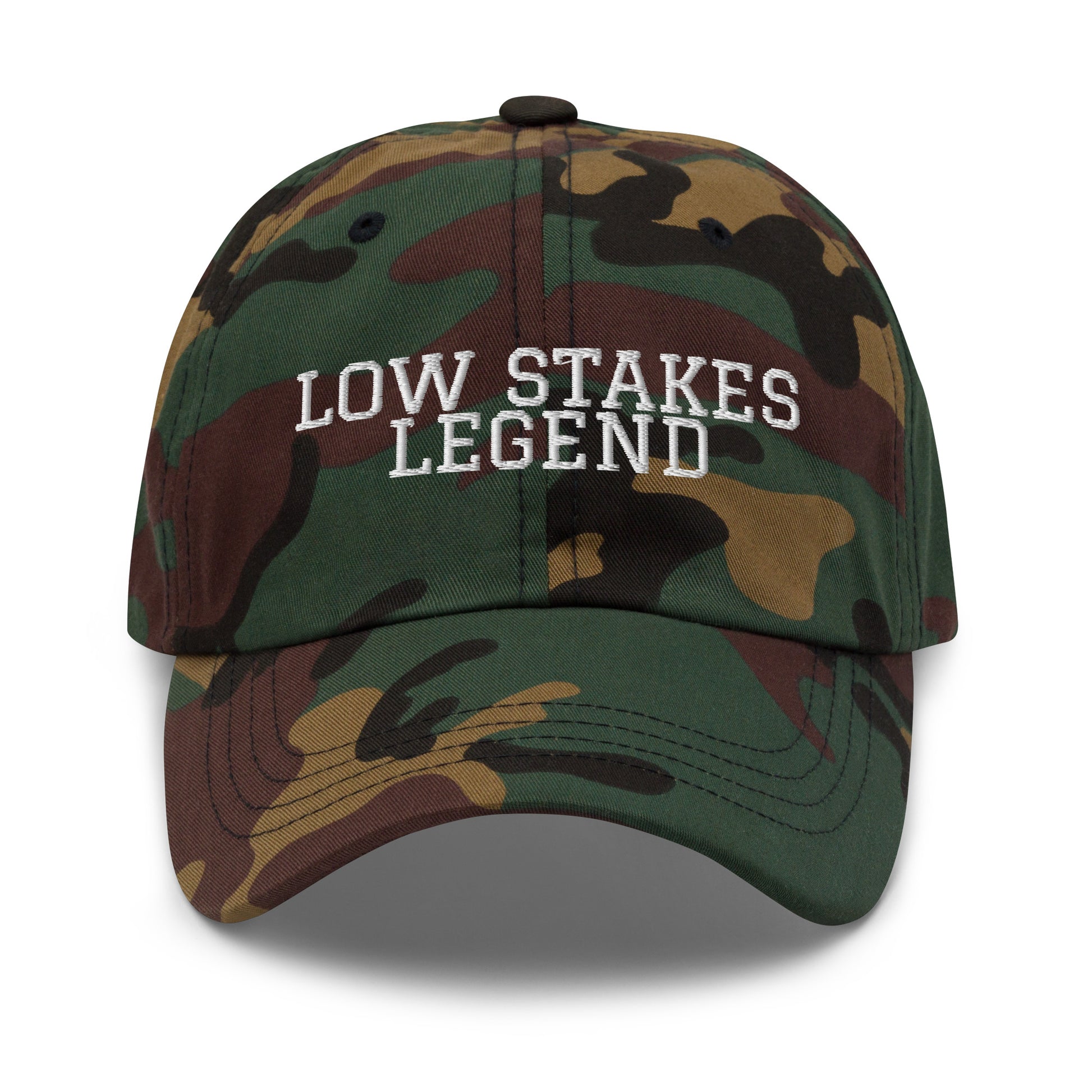 Low Stakes Legend embroidered baseball cap in Green Camo with white embroidery by White Boy Summer
