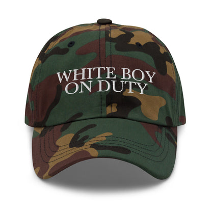 White Boy On Duty embroidered baseball cap in Green Camo with white embroidery by White Boy Summer