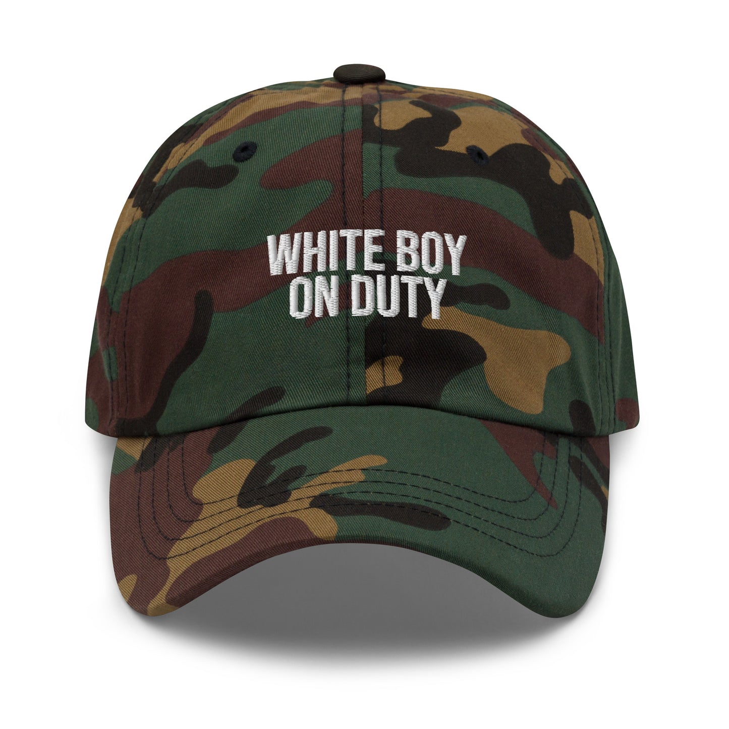 White Boy On Duty embroidered baseball cap in Green Camo with white embroidery by White Boy Summer